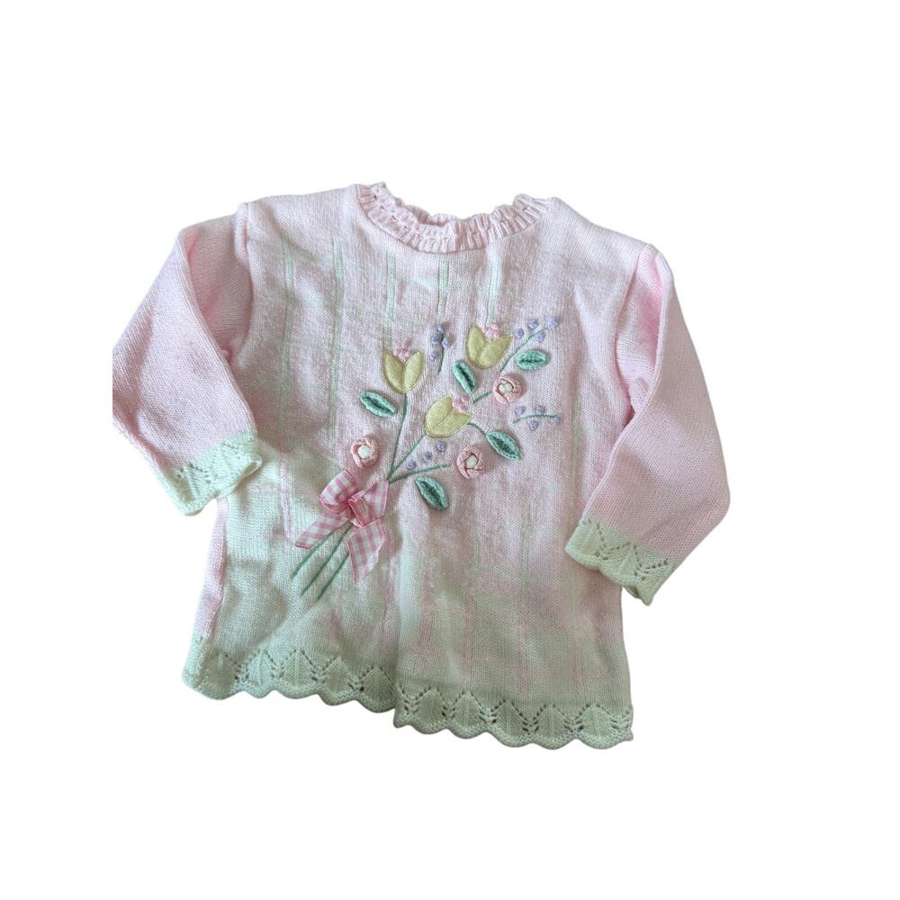 Vintage Baby Togs pink fliral bouquet applique‎ knit sweater